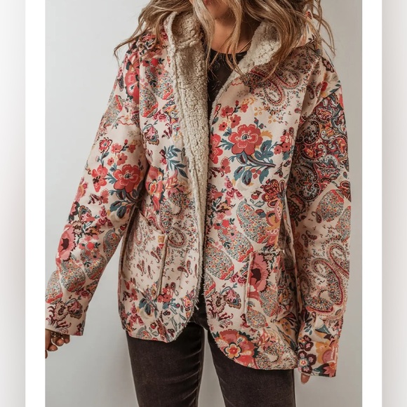 Vintage Paisley Floral Sherpa Lined Hooded Jacket - Picture 3 of 6